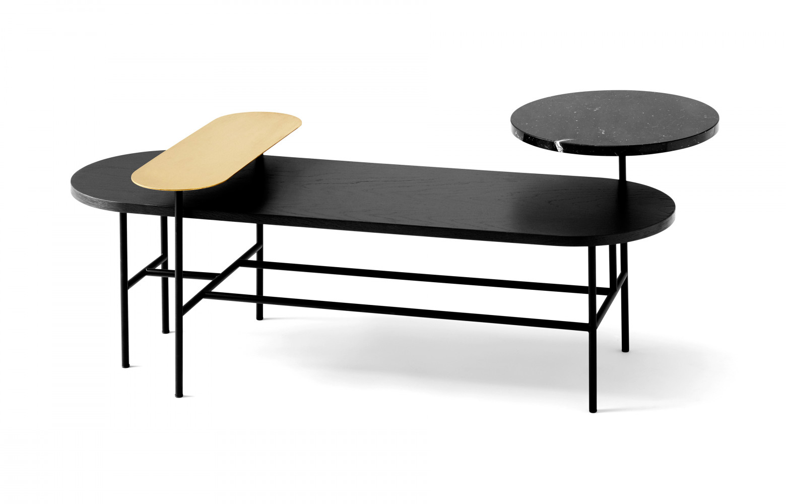 Table basse à trois plateaux "Palette" en acier, frêne, laiton et marbre, design Jaime Hayón, 1 349...