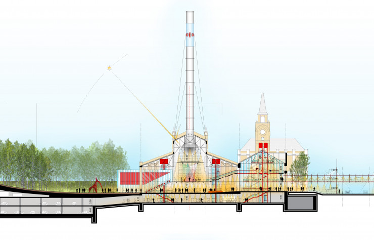 Coupe transversale du projet de centre d’art contemporain qui occupera l’ancienne station électrique GES2 dans le quartier moscovite Octobre Rouge.