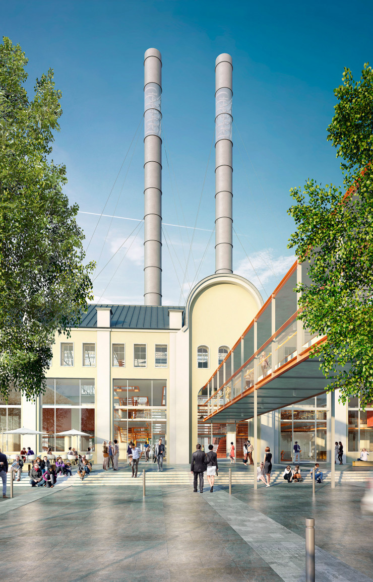 Vue de rendu de la piazza extérieure du projet de centre d’art contemporain qui occupera l’ancienne station électrique GES2 quartier Octobre Rouge, Moscou.