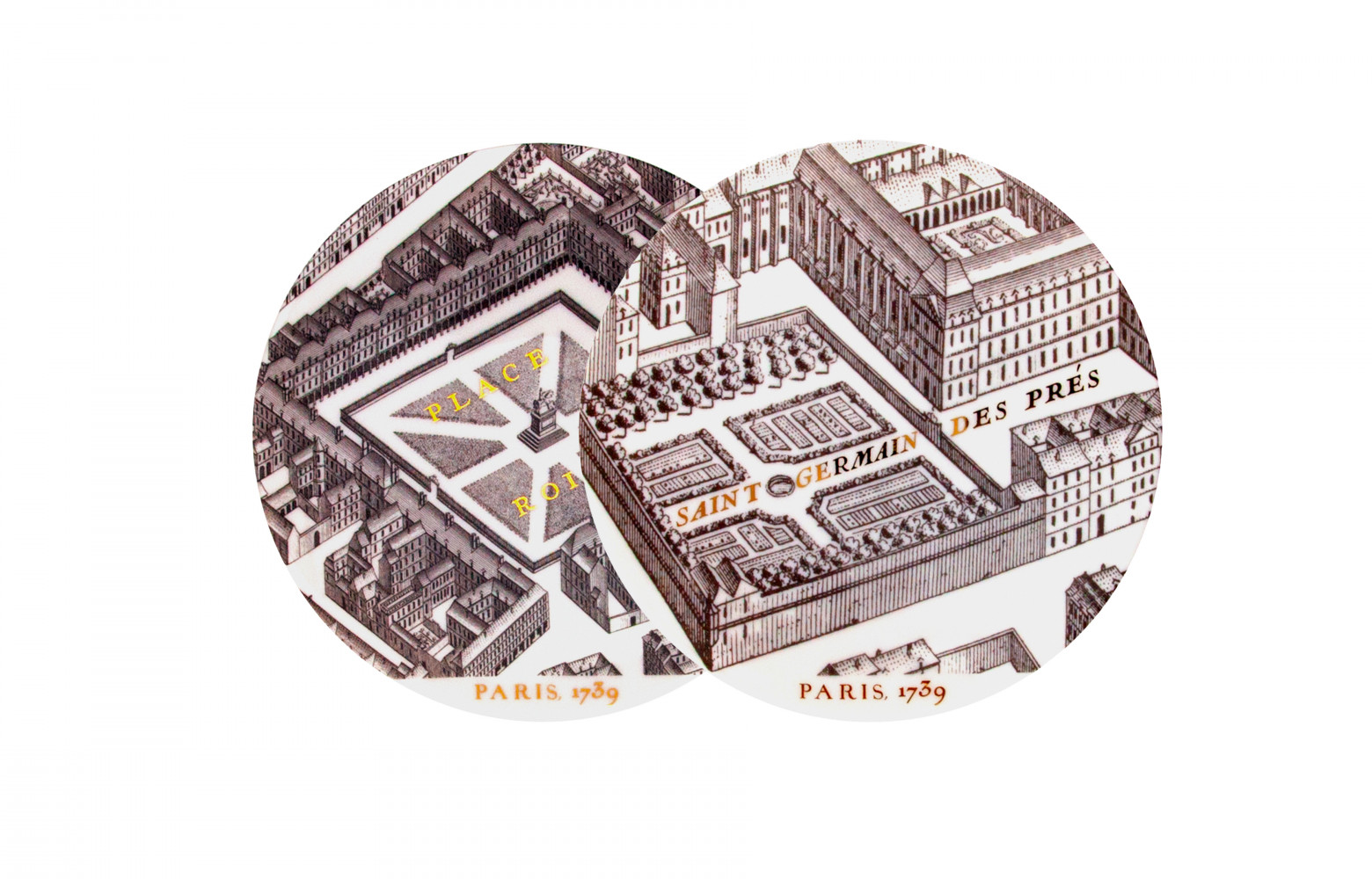 Assiettes « Plan de Turgot » en porcelaine et or, www.boutiquesdemusees.fr