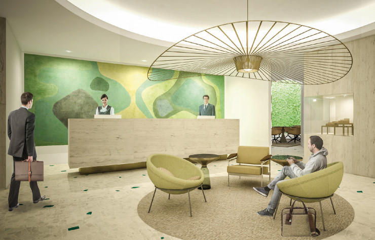 Vue du lobby de l’Emiliano avec sa fresque qui rend hommage au génie de Roberto Burle Marx.