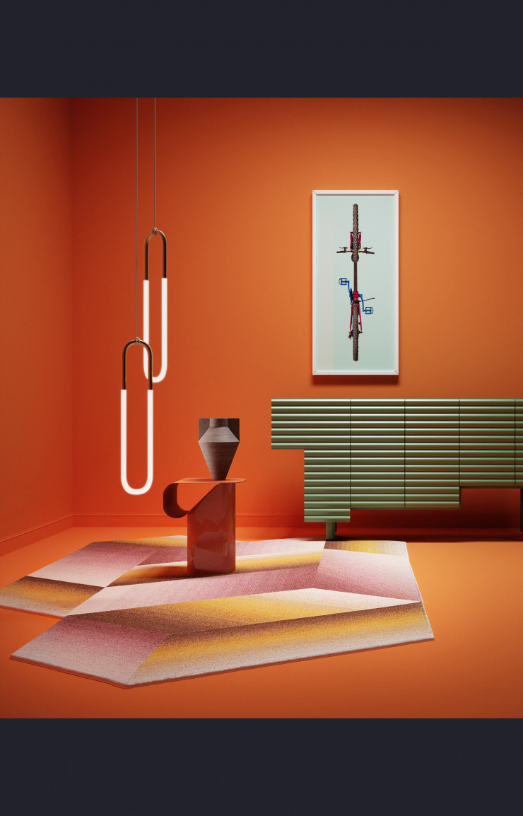 Photo Untitled 1 de Yasena Popova (Galerie Circulation(s)). Unité de rangement Shanty de Doshi Levien (BD Barcelona), suspension lumineuse Rudi Loop 01 de Lukas Peet (Roll & Hill), vase Jana d’Antonio Forteleoni (Cappellini), bout de canapé Revue d’Andrea Steidl (Dante) et tapis en laine Logenze 10269 de Patricia Urquiola (Rucksthuhl AG). Murs et sol revêtus de l’émulsion mate Charlotte’s Locks 268 (Farrow & Ball).