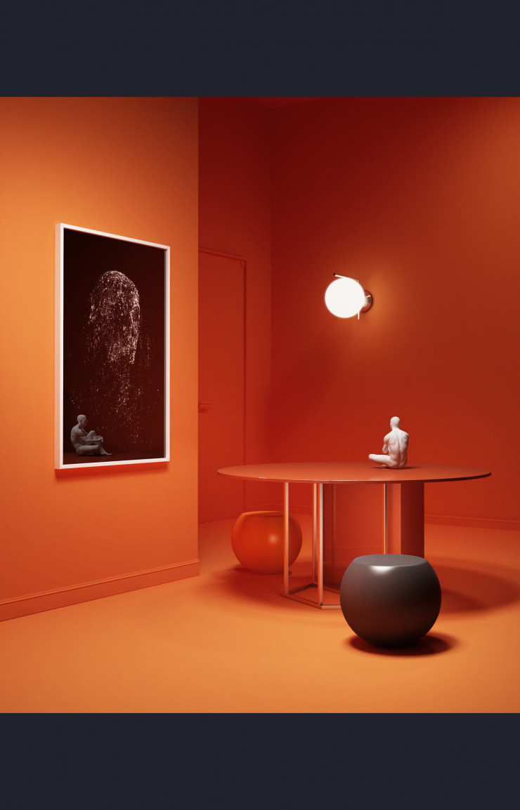 Photo Into One de Sami Parkkinen (Galerie Circulation(s)). Applique IC Light C/W2 de Michael Anastassiades (Flos), table Plinto d’Andrea Parisio en laiton et chêne laqué (Meridiani) et tabourets Bong de Giulio Cappellini (Cappellini). Murs et sol revêtus de l’émulsion mate Charlotte’s Locks 268 (Farrow & Ball).