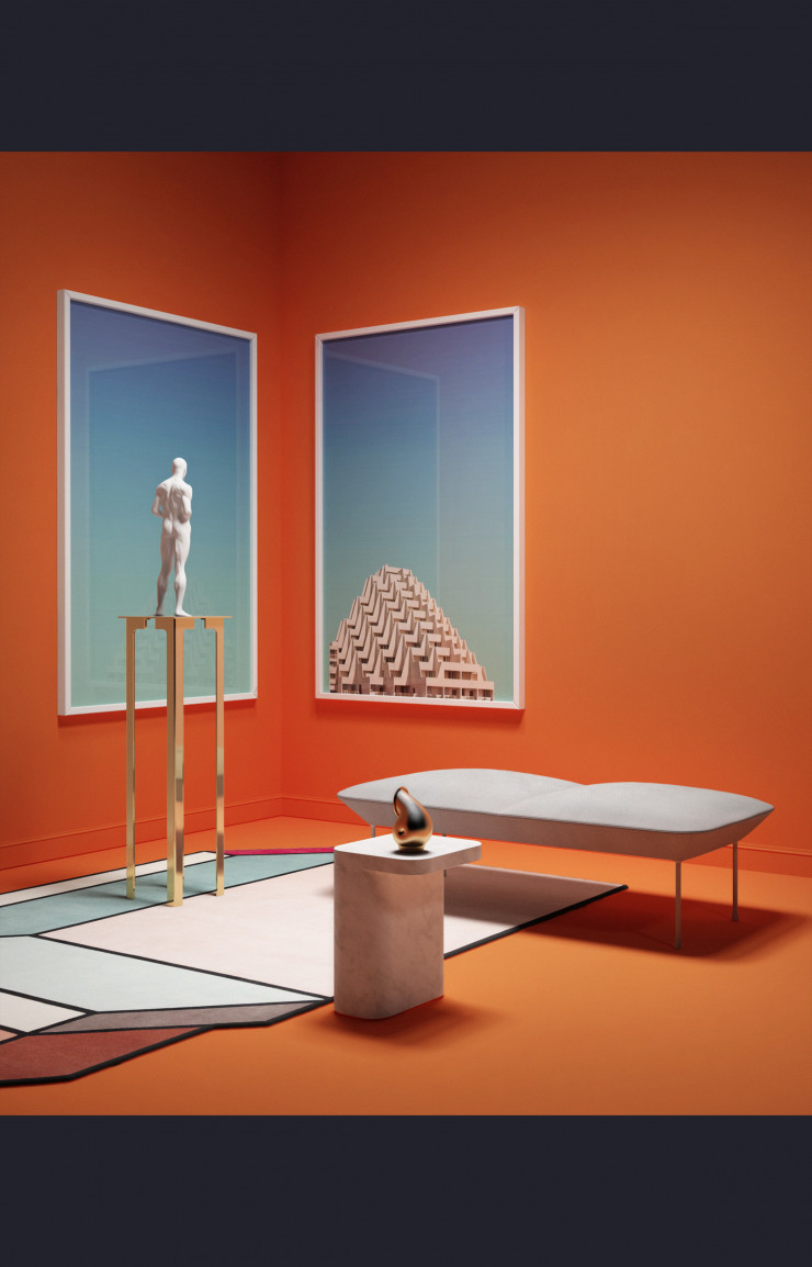Photo Miami/Languedoc-Roussillon #5 de Camille Sollany (Galerie Circulation(s)). Sellette en Inox poli miroir Moka de François Champsaur (Pouenat), lit de jour Oslo Bench d’Anderssen & Voll recouvert de tissu Kvadrat (Muuto), pichet Pivot d’Aldo Bakker en argent massif plaqué or (Karakter), bout de canapé Petra de Jean Louis Iratzoki en marbre blanc (Retegui) et tapis Visioni A de Patricia Urquiola (CC-Tapis). Murs et sol revêtus de l’émulsion mate Charlotte’s Locks 268 (Farrow & Ball).