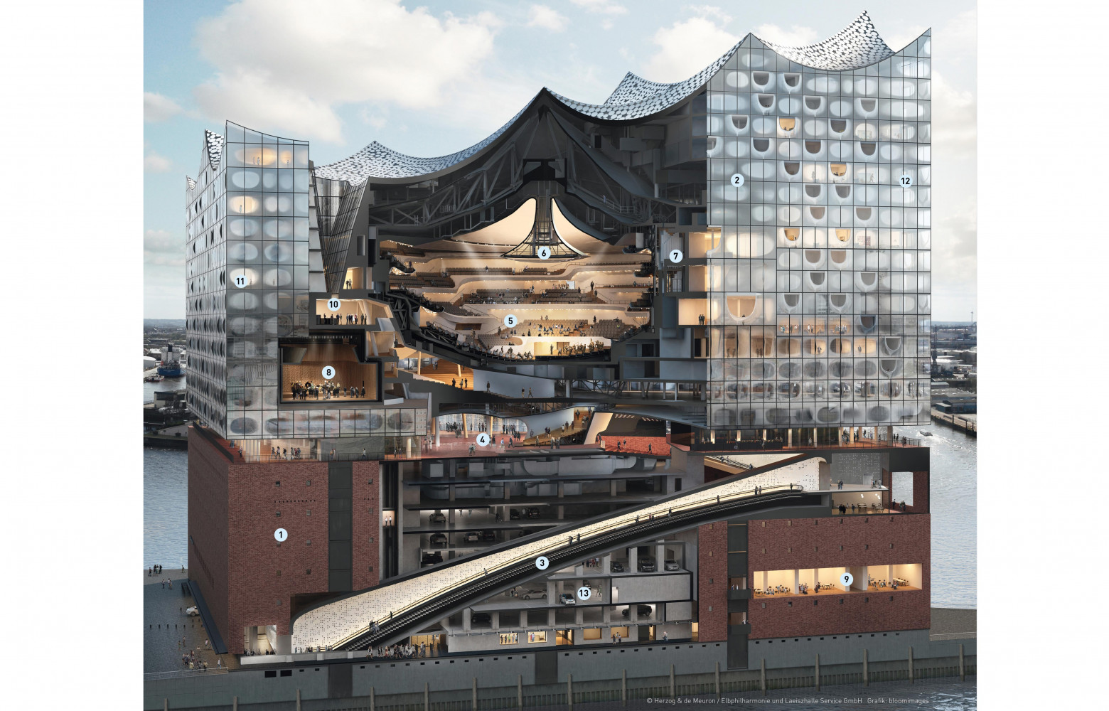 Vue en coupe 3D du bâtiment. 01 : L’entrepôt d’origine sur lequel est venu se poser le...