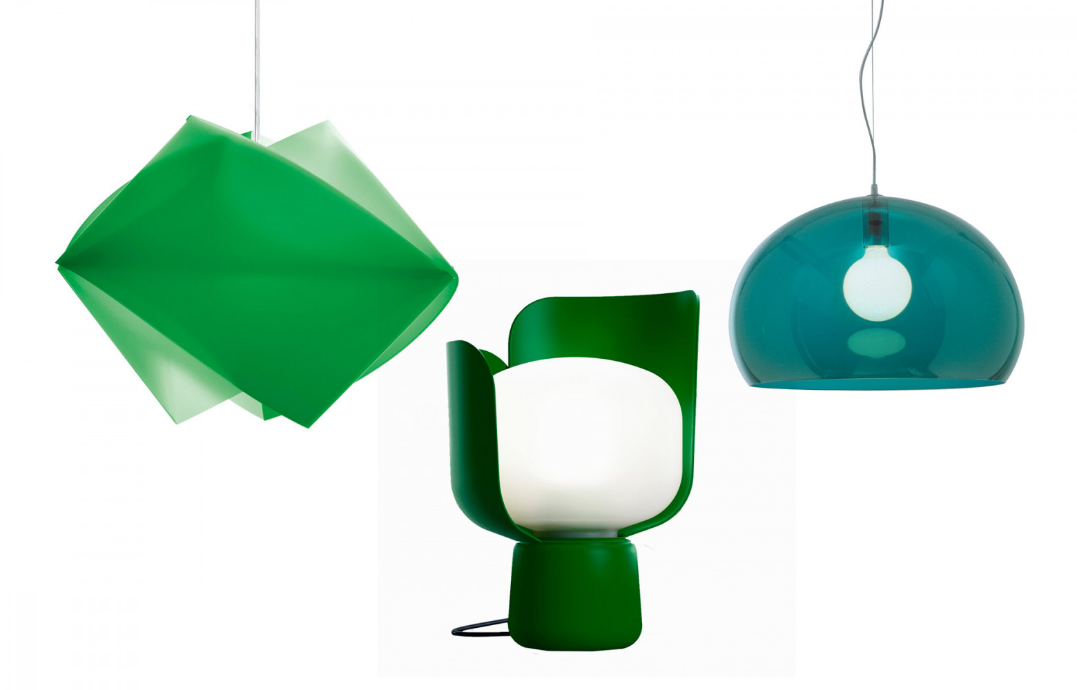 Suspension « Gemmy Prisma », design Spalletta, Croce, Ragnisco et Wijffels, Slamp. Lampe de table « Blom...