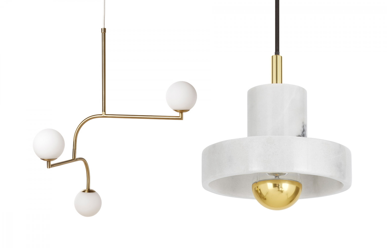 Suspension « Mobil 3 boules », design Monika Mulder, Fleux. Suspension « Stone », design Tom Dixon,...