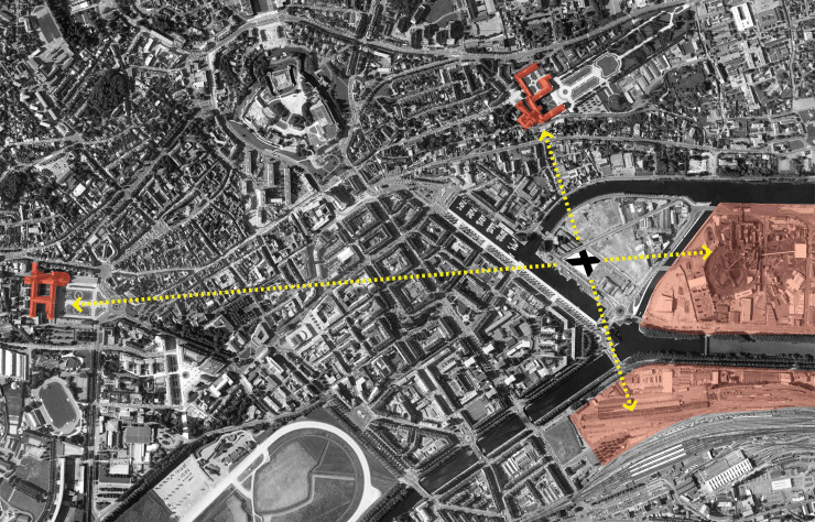 Les quatre extrémités du bâtiment s’orientent vers des points de repères de la ville dont l’Abbaye-aux-Hommes à l’ouest et un quartier bientôt urbanisé à l’est.