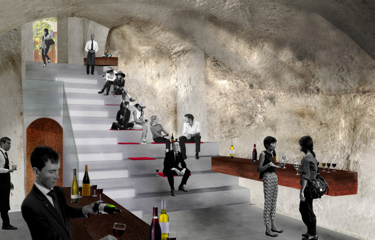 Le sol en métal imaginé par Andrea Caputo contraste avec les murs creusés dans la pierre.