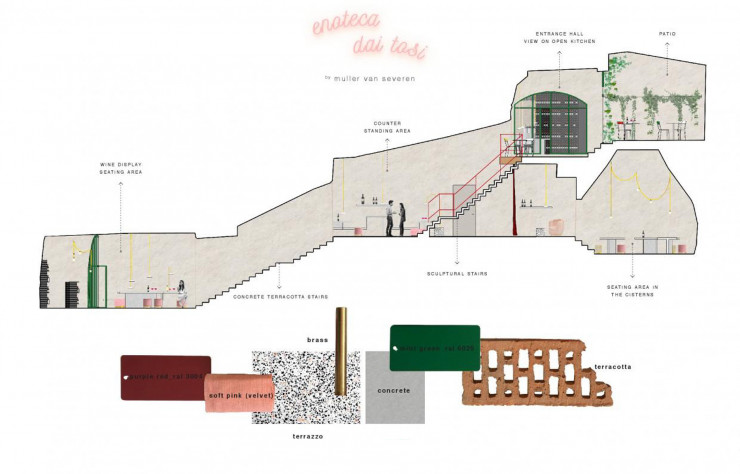 De la vigne aux bouteilles, l’agencement pensé par le duo belge de Muller van Severen raconte l’histoire du vin par ses matériaux.