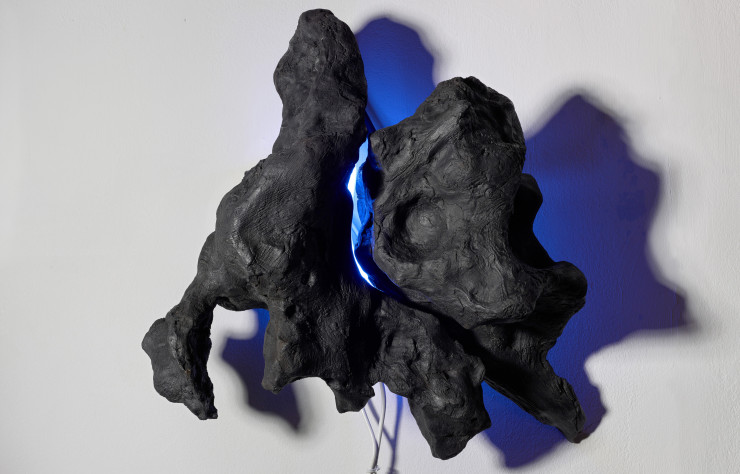 Synapse II de Henri Olivier (2014). Souches d’olivier et néon.