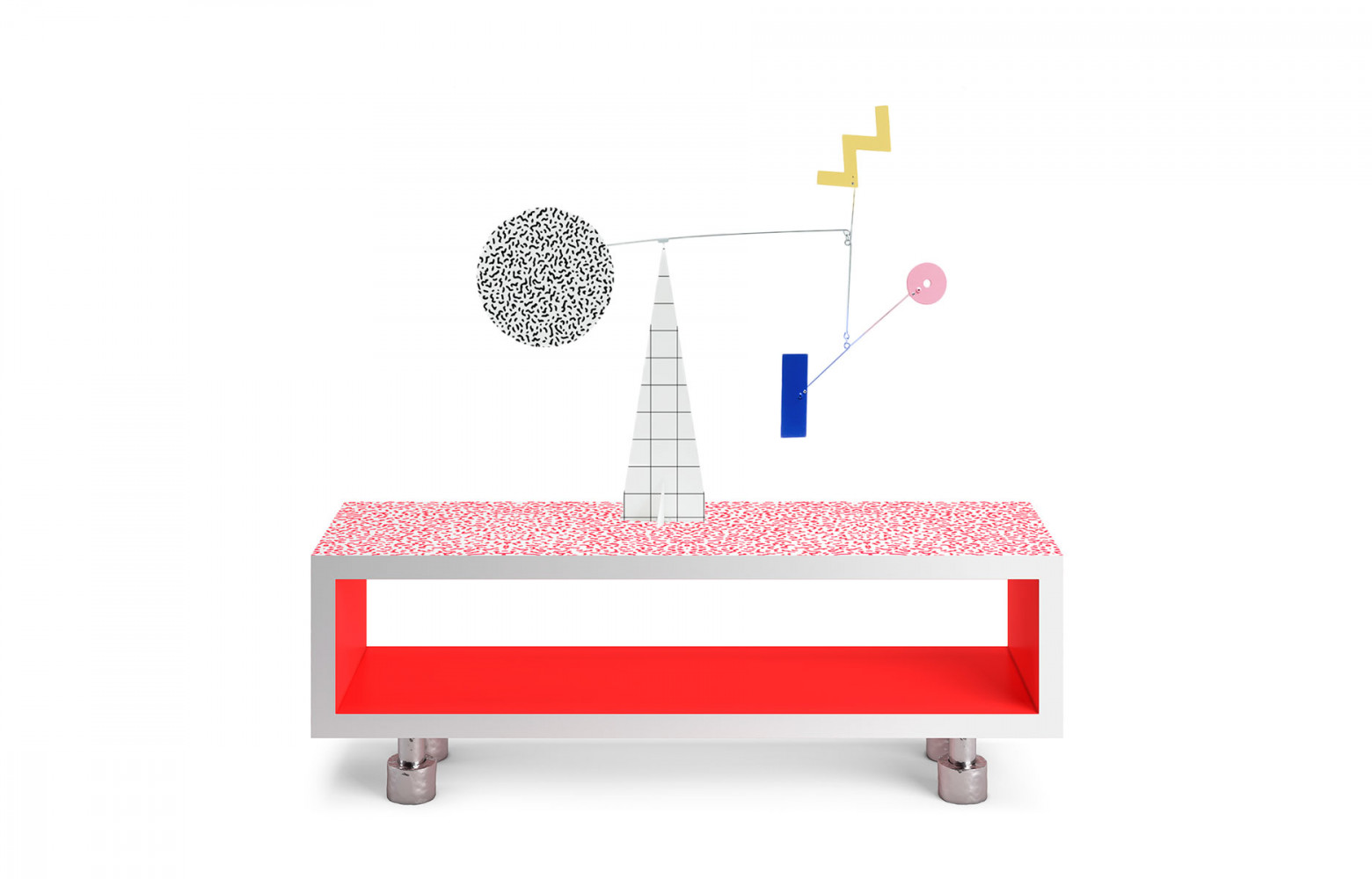 Mobile « L’Alchimiste », en aluminium et acier recyclés (2017). Volta chez Fleux et table basse «...