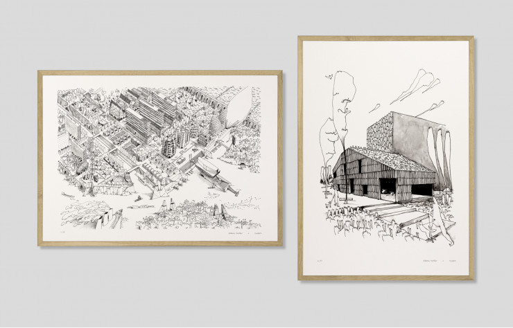 « Centre Christian Marin » et « 20 Projets », dessins à l’encre et à la main de Guillaume Ramillien.