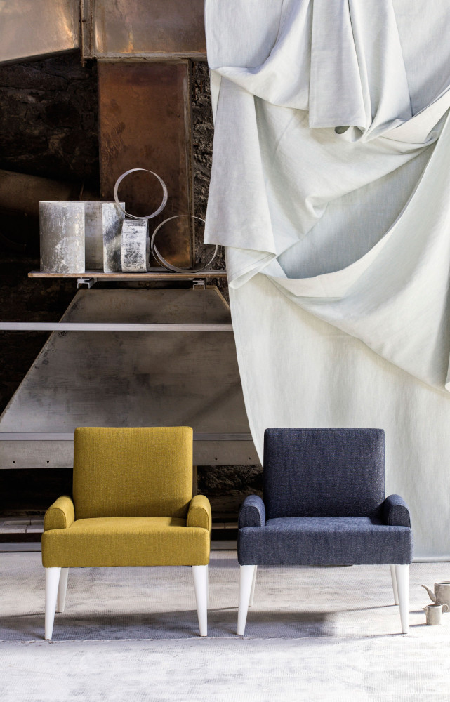 Collection « Lucia » en lin tissé de fils argentés ou cuivrés (Élitis).