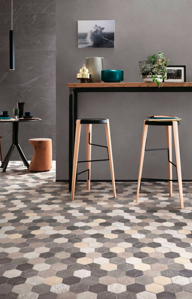 Grès cérame fin Cardoso Grigio, coloré dans la masse, format hexagonal (existe en mosaïque 3D et briquette),...