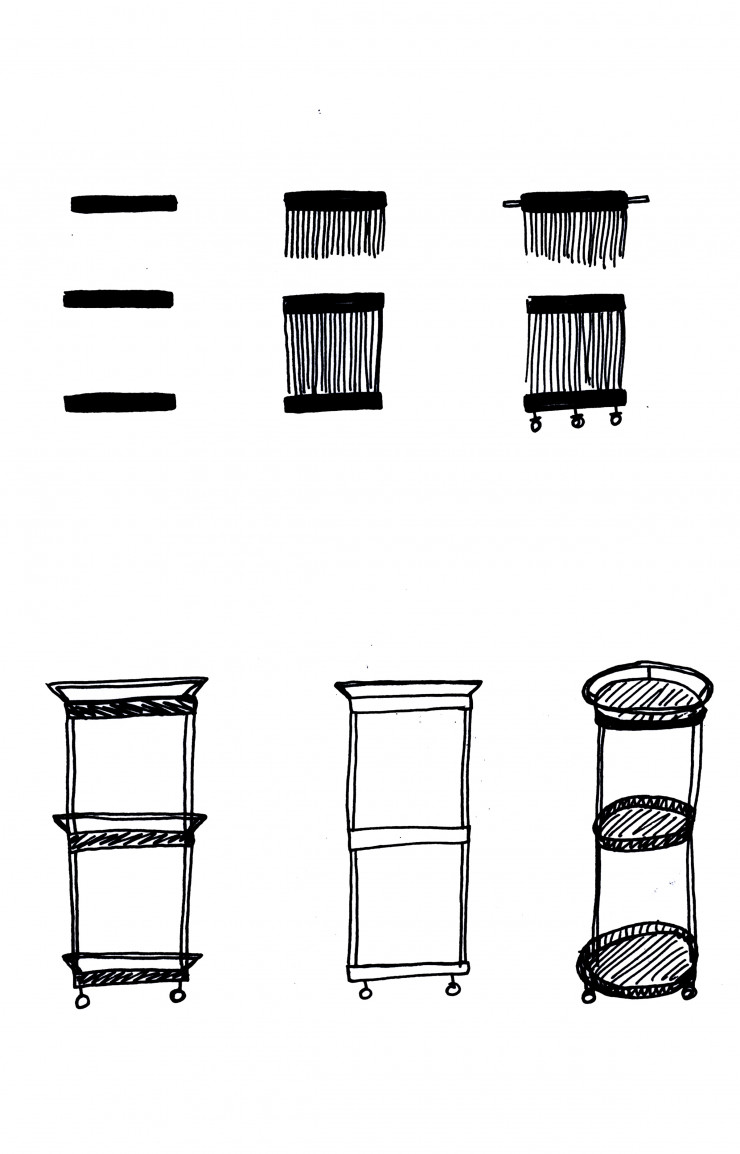 Croquis pour Tchin, la desserte à alcools de Plumbum.