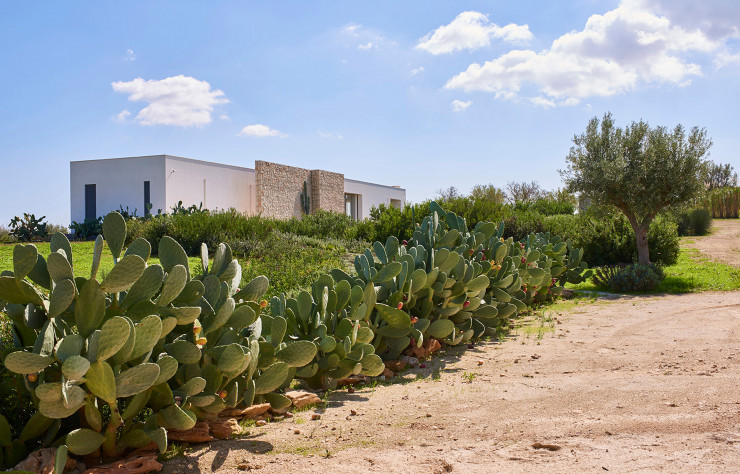 Belle rencontre entre pierre locale et béton, la maison conçue par l’architecte-designer Marco Merendi est implantée dans un cadre de verdure qui en ponctue les lignes graphiques.