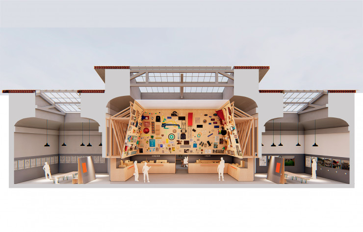 Coupe transversale du pavillon français et de l’exposition « Lieux infinis ».