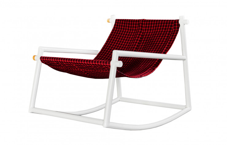 Rocking-chair « Grosse Balance » en tube d’acier et canevas.