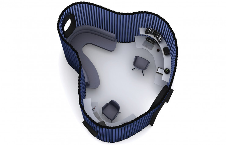Banquettes, fauteuils et étagères curvilignes contrastent avec le reste de la collection pour composer un ensemble riche, à mille lieues des bureaux aseptisés.