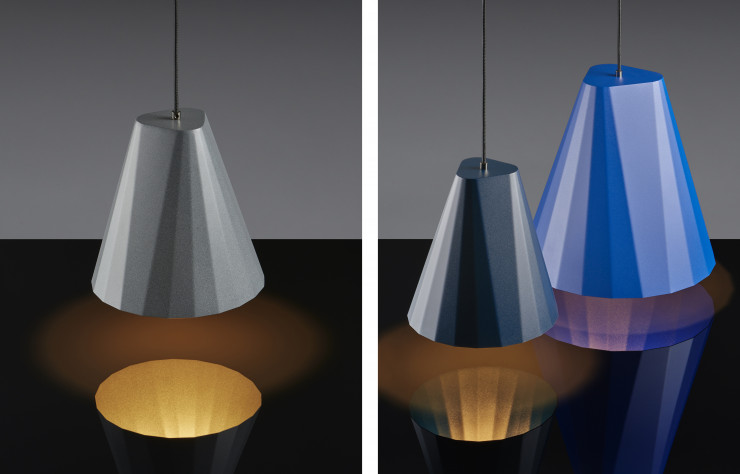 Disponibles en 26 ou 37 cm de diamètre, les suspensions « Triangles » sont également réalisées à la main.