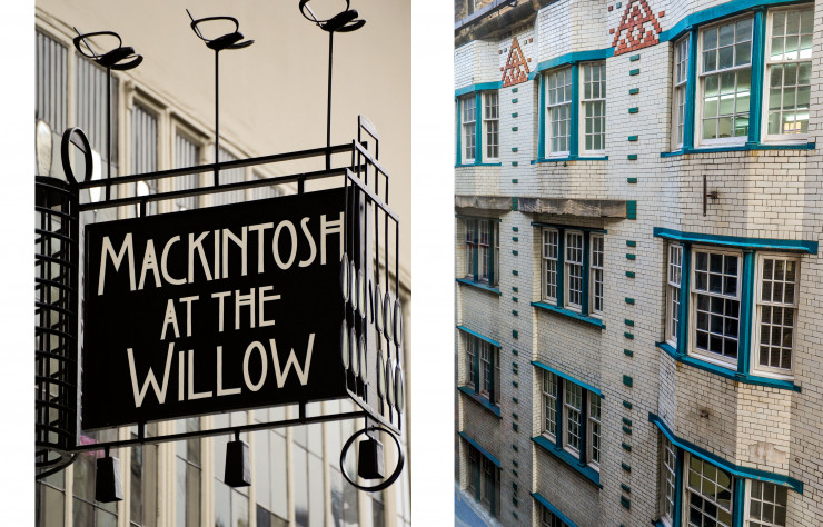 La nouvelle enseigne des Willow Tea Rooms restaurés et la façade du siège social du quotidien Daily Record (1901-1904)