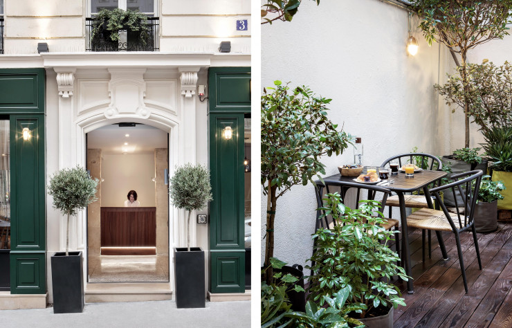 Vert émeraude, la façade répond à la végétation d’un charmant patio.