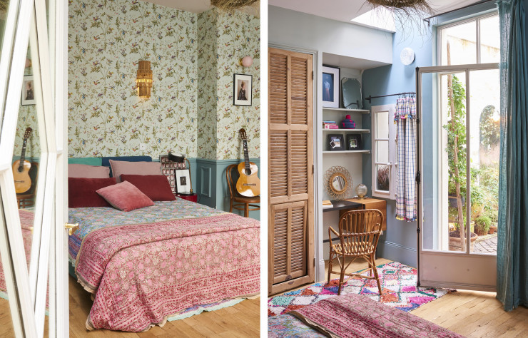 Dans cette chambre d’enfant, le parti pris est 100 % vintage avec des pièces en rotin et un papier peint anglais.