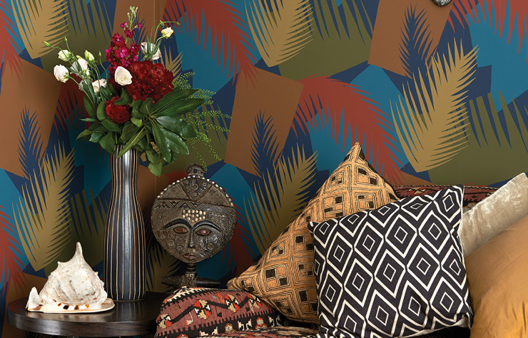 Papier peint «  Geometric II Deco Palm » en coloris « Red & Blue » (Cole & Son).