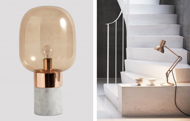 A gauche, lampe « Stockholm » en marbre et verre rosé (BoConcept). A droite, lampe de bureau « Type 75 Mini Metallic » en métal coloris or et aluminium, design Kenneth Grange (Anglepoise).