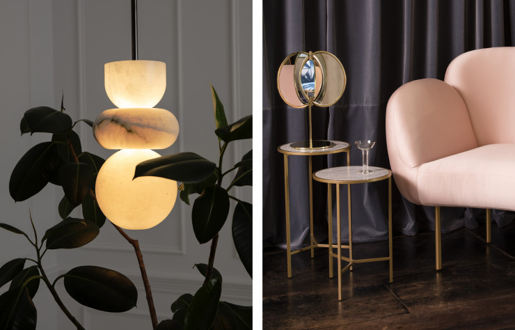Suspension « Alabaster Totem 3 » en albâtre et laiton, design Allied Maker (Triode). Table d’appoint « Smoke Side » en marbre de Carrare et acier laqué, design Nika Zupanc (Sé Collections).