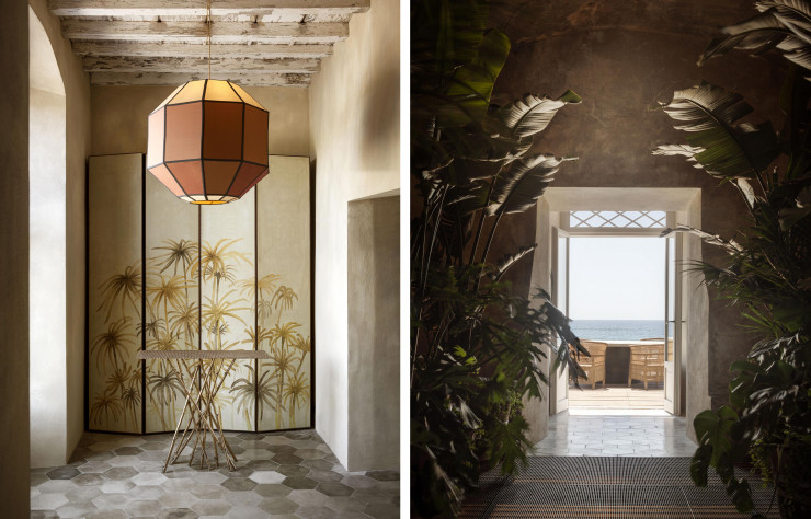 Dans l’entrée du club privé La Macchia, en Toscane, le paravent orné d’un dessin de Dalwin Designs est signé Quincoces-Dragò ainsi que la suspension « Hive », réalisée avec Giulia Puri Negri, qui dirige le lieu.