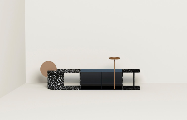 Meuble TV / console « By 3 » en terrazzo, verre et marbre imbriqués
