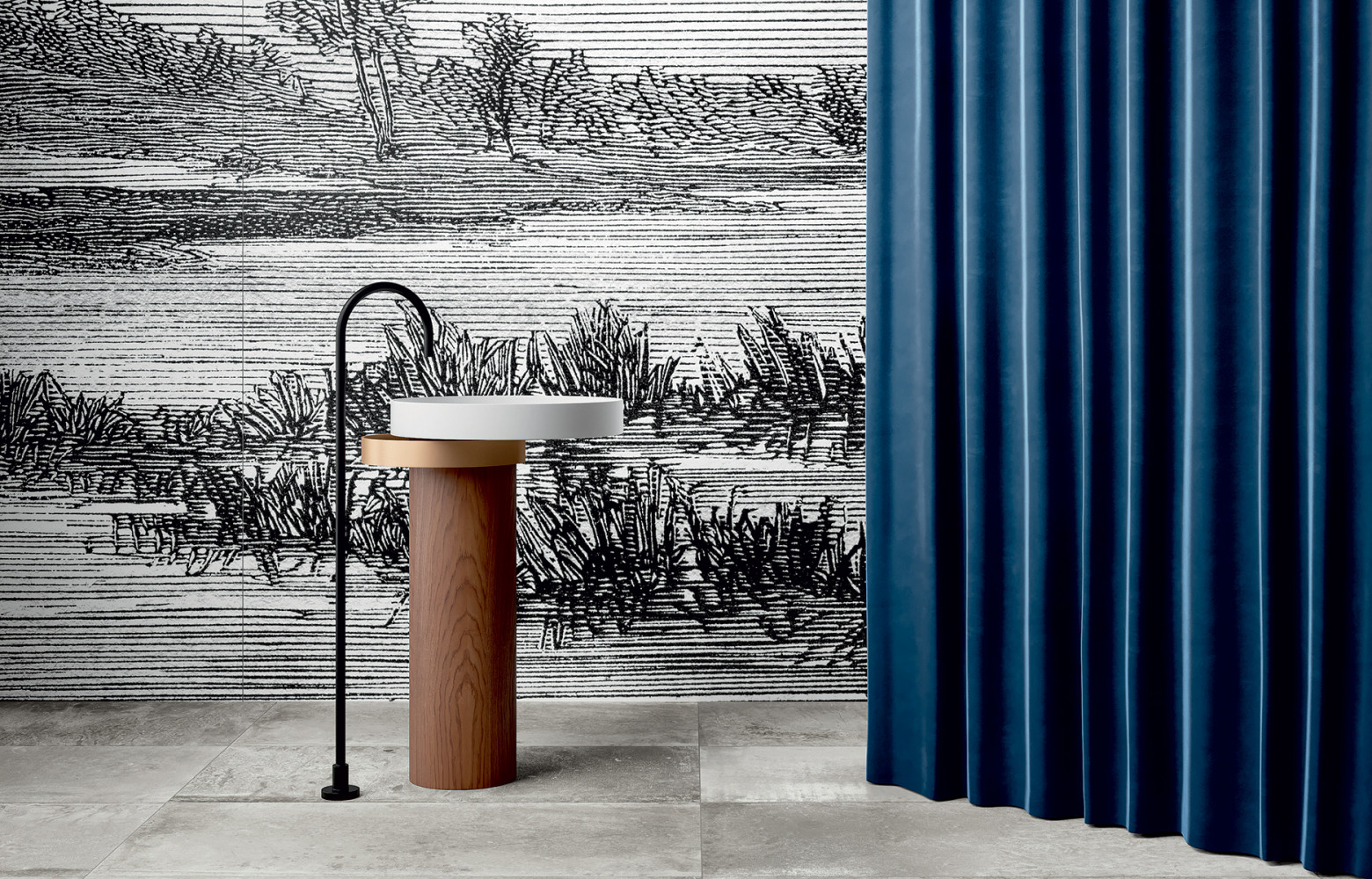 Au sol, carrelage « Magneto », en grès cérame effet ciment, 6 coloris, 3 formats (Fiandre).