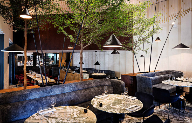 Les chaises Gubi, en velours bordeaux ou bleu nuit, accompagnent les banquettes sur-mesure du Zebra.