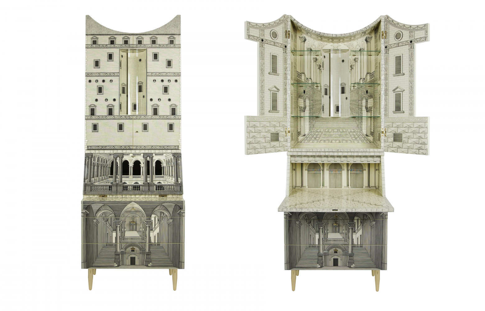 Cabinet « Trumeau Architettura », lithographie sur bois, design Piero Fornasetti (1951), 29 000 €. Fornasetti sur Leclaireur.com.