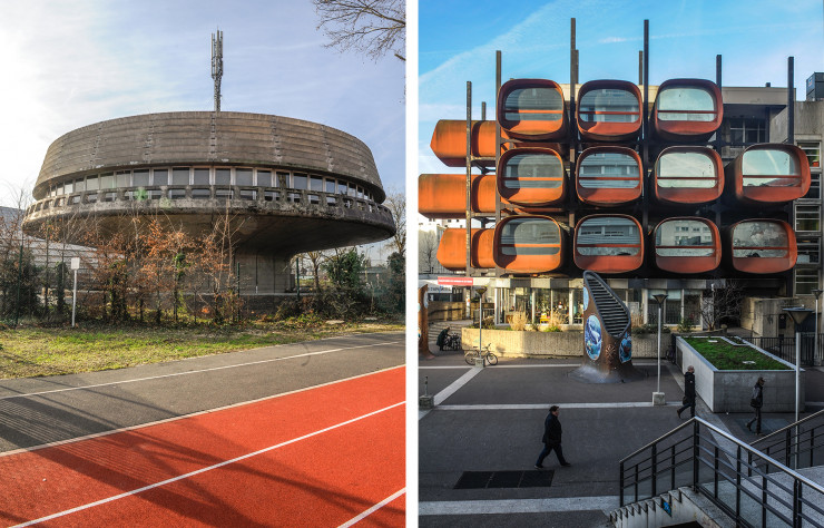 A gauche : Le central téléphonique Murat (1970), avec son allure d’ovni, contraste avec l’ambiance générale du quartier d’Auteuil (XVIe). A droite : Une drôle d’étagère métallique dans laquelle se niche une flopée d’alvéoles (des salles de musiques insonorisées) : voilà à quoi ressemble le conservatoire de Montreuil (1976), imaginé par Claude Le Goas.