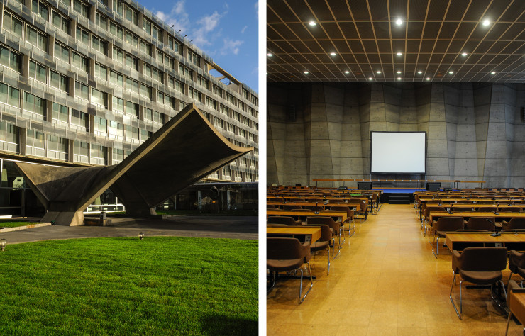 Trois stars mondiales de l’architecture de l’après-guerre ont mobilisé leur créativité pour dessiner le siège parisien de l’Unesco. À l’extérieur, l’entrée est abritée par un auvent de béton sculptural typique du style de Breuer. À l’intérieur, les salles de conférence respirent une certaine austérité classieuse, typique de l’époque.