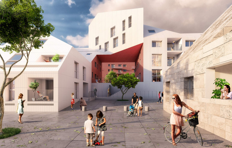 Spécialement étudiés pour le confort des logements, les jeux de hauteurs et de géométries renouent avec une diversité formelle qui évoque les anciens centres-ville.