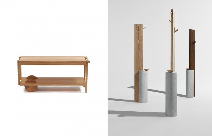 Table-chariot de Fernando Prado et porte-manteaux « Stand By » de Claudia Moreira Salles.