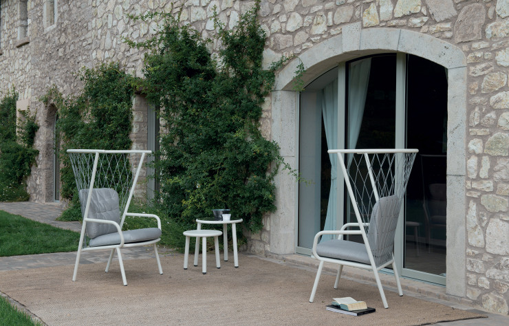 Fauteuil « Nef » en acier Inox, aluminium et corde en polyester, design Patrick Norguet (Emu).