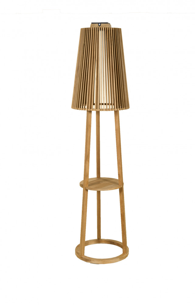 Lampadaire solaire Tecka, en teck, avec capteur solaire, design Claude Robin (Les Jardins).