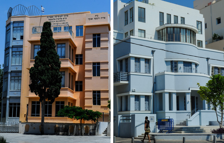 A gauche : The Felicja Blumental Music Center and Library, 26, rue Bialik. Un immeuble récent – il date de 1996 –, dessiné par l’architecte israélienne Nili Portugali sur les restes d’une façade des années 30. A droite : Immeuble de la Fondation Rothschild de Césarée (1937), 104, boulevard Rothschild. Architecte : Yehuda Magidovitch. Rénové en 1999.