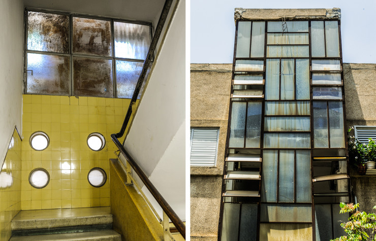 Le béton, l’acier et le bois, le trio gagnant des rampes d’escalier de l’architecture moderne, à Tel-Aviv. A droite : Maison de l’Ancre (1935), 23, rue Pinsker. Architecte : Pinchas Hütt. Une influence japonaise se fait sentir sur cette large façade vitrée, esthétiquement très belle, mais très difficile à entretenir.
