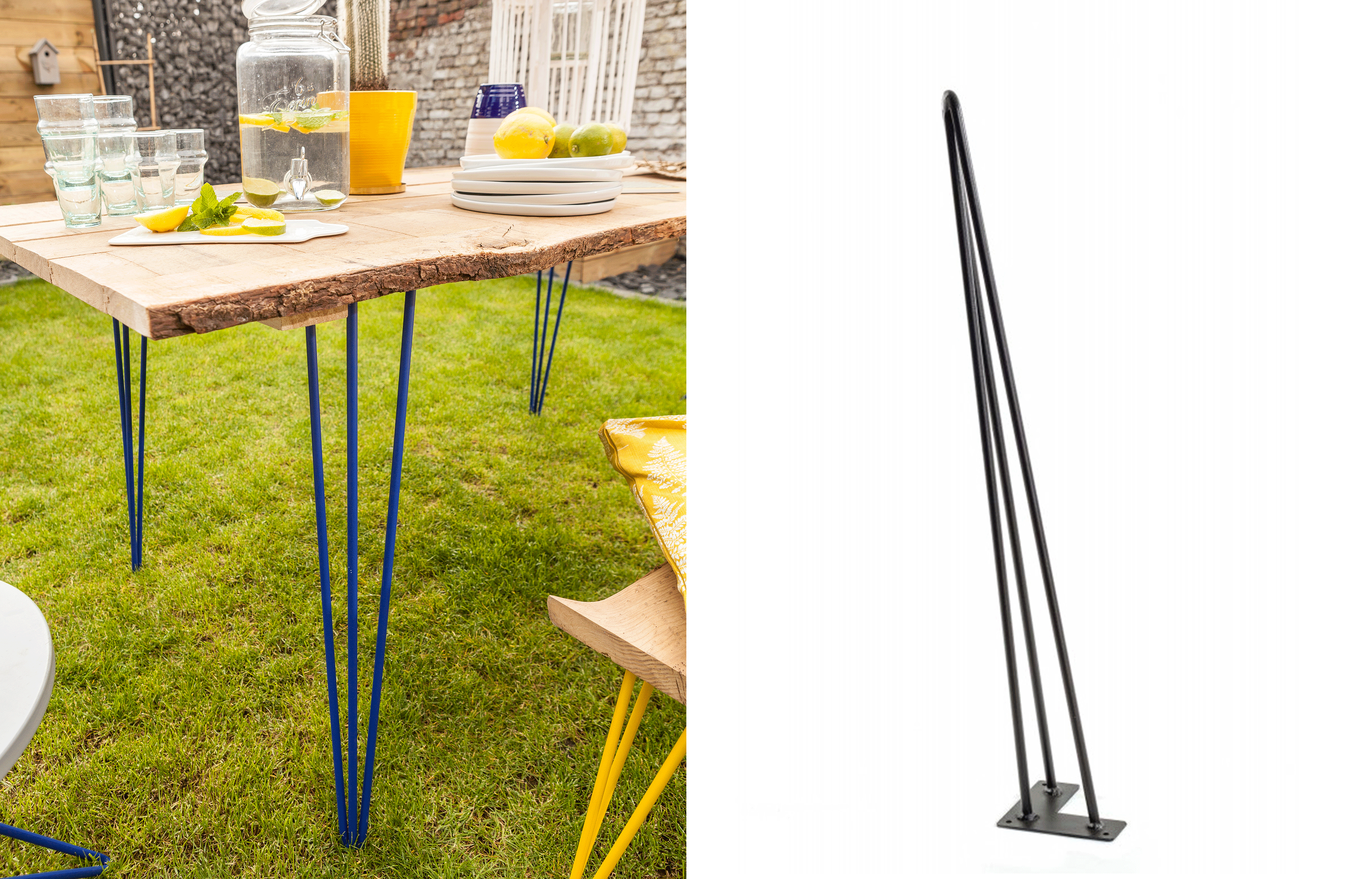 Pied épingle renforcé 110 cm et plateau en bois en guise de table d’extérieur.