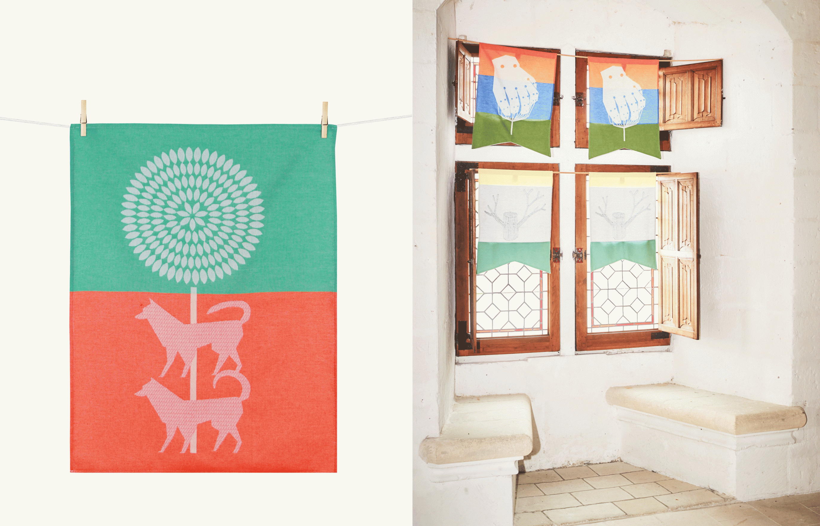 Les torchons Biscaye, Arbre et Main (2019) issus de la collection « Flag » de Matali Crasset pour Le tissage Moutet.