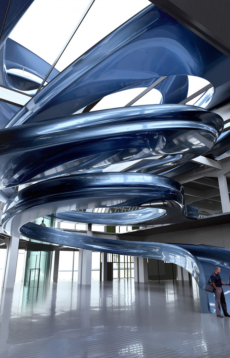 L’aspect sculptural de la rampe contraste avec la rigueur de la structure de l’entrepôt.
