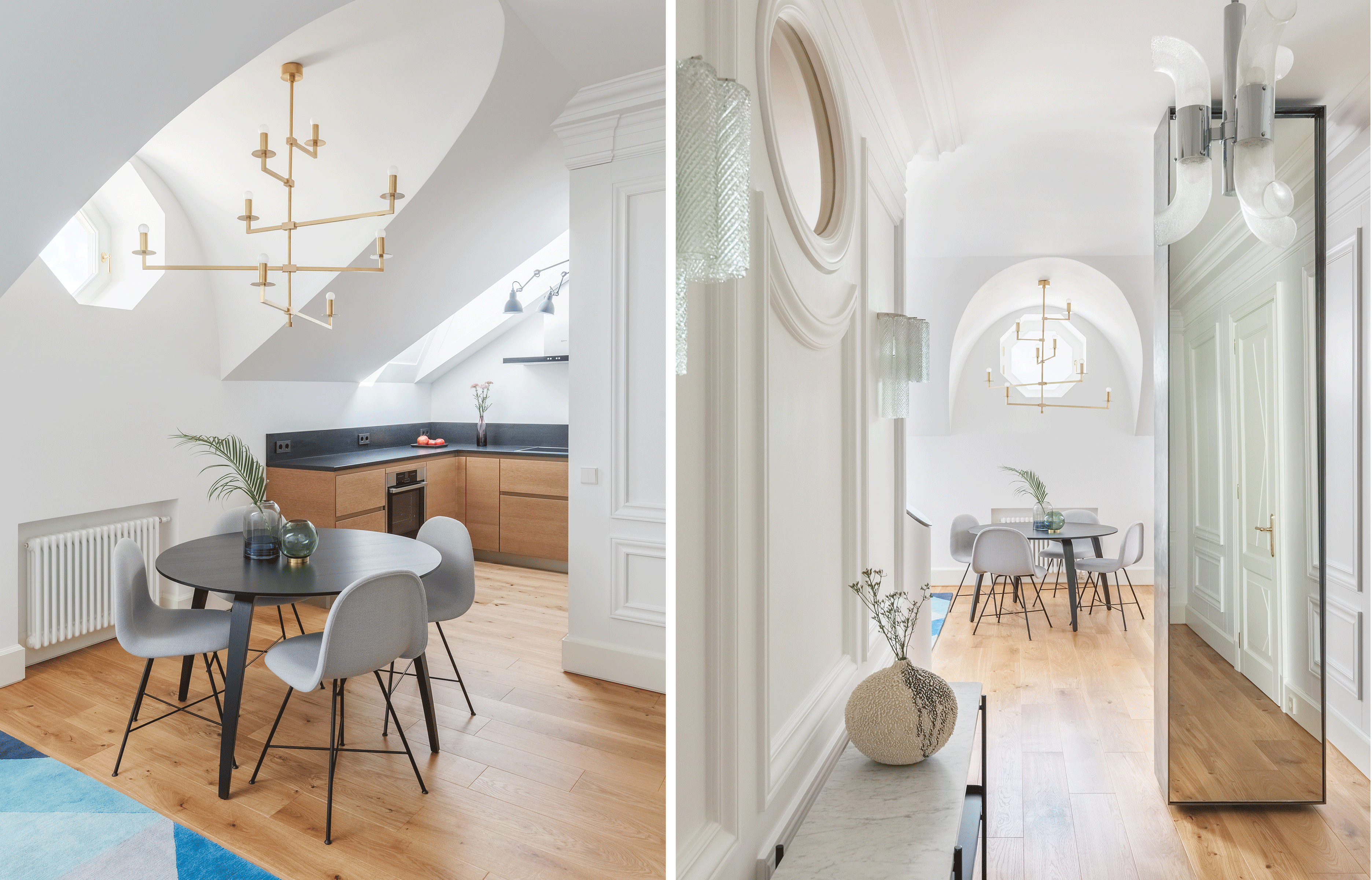 Dans la salle à manger, suspension SL005 (Any Home), table Wood Round et chaises 3D Dining Chair (Gubi). Vases Tota Lantern et Globe (Aytm). Meubles de cuisine Leicht.