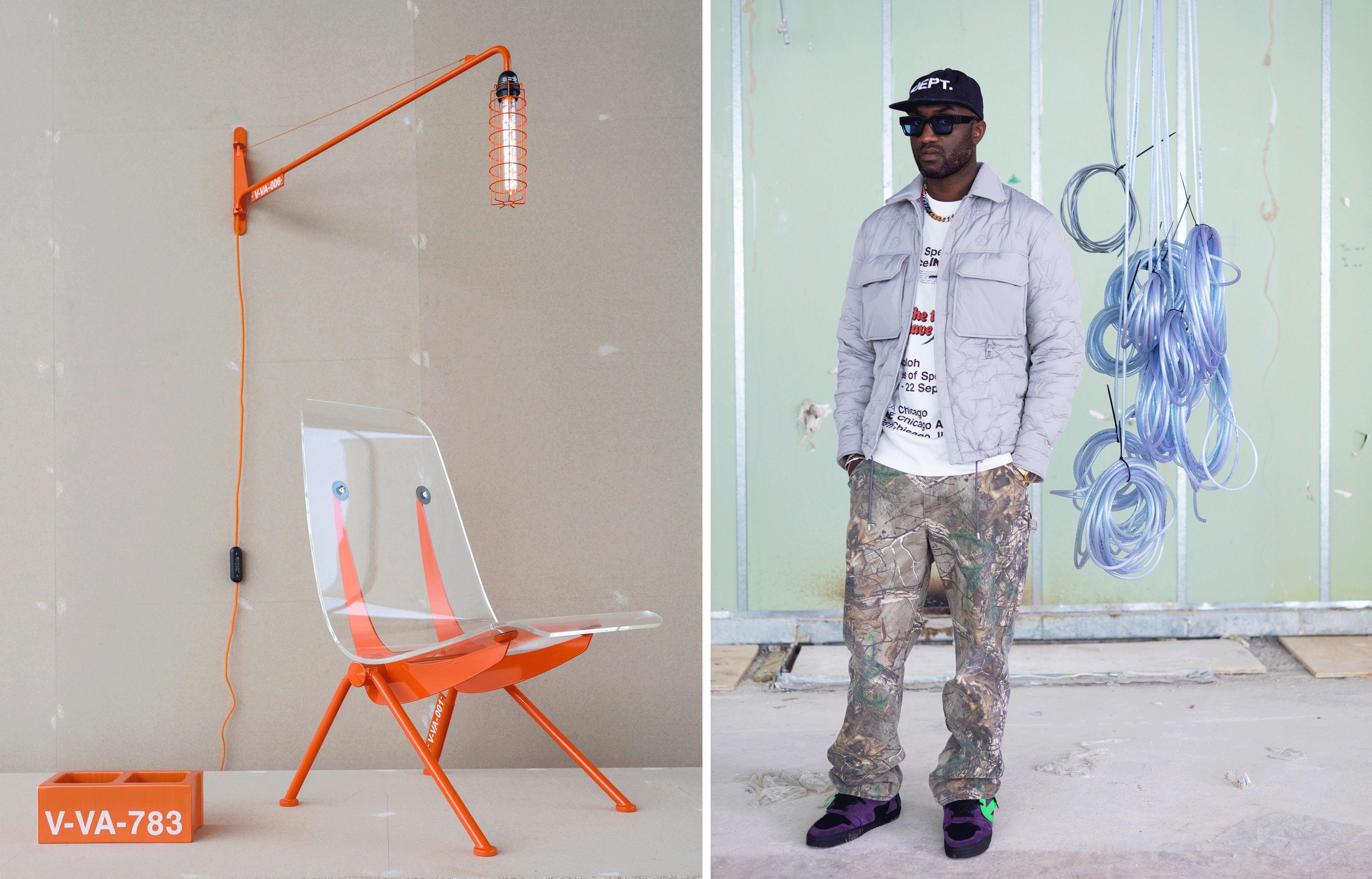 A gauche, collection « Spin-Off » de Virgil Abloh pour Vitra (2019).A droite, Virgil Abloh (2019).