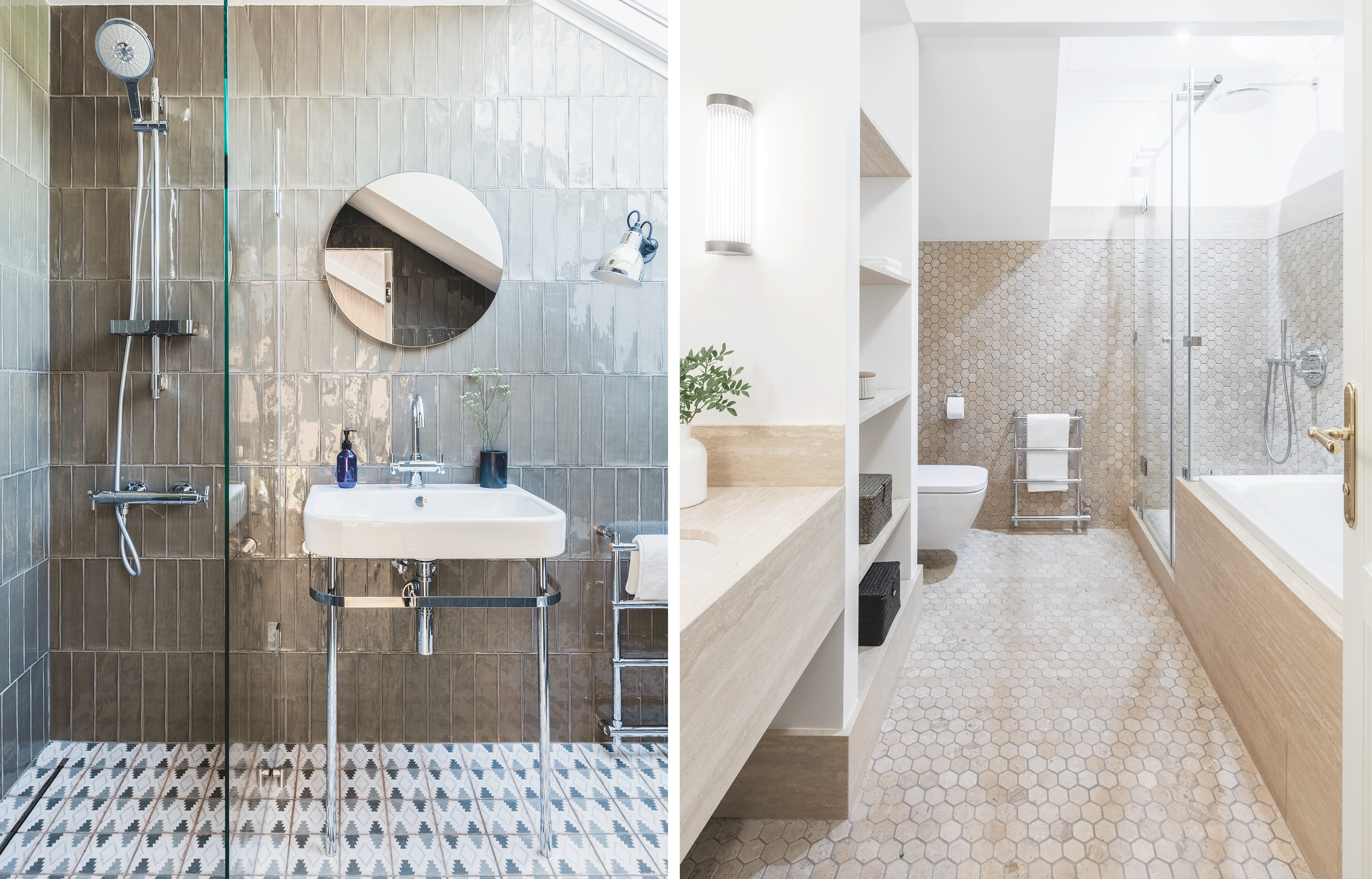 A gauche : Dans la salle de bains de l’étage inférieur, carreaux (Peronda Harmony), miroir (Atelier Papa Carlo) et applique Lampe Gras. Robinetterie Hansgrohe. A droite : La salle de bains de la mansarde est recouverte de carreaux Honeycomb (Limestone) et de travertin. Robinetterie Hansgrohe Atrio.